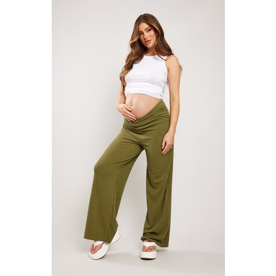 Maternity Khaki Crinkle Ruched Bump Wide Leg Flares