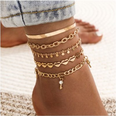 Golden Heart Alloy Detail Anklet Set