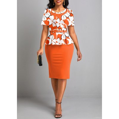 Floral Print Fake 2in1 Belted Orange Bodycon Dress