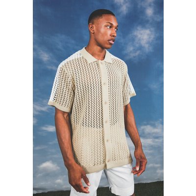 Mens Beige Short Sleeve Colour Block Knit Open Stitch Shirt, Beige