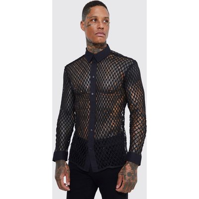 Mens Black Long Sleeve Large Open Weave Shirt, Black