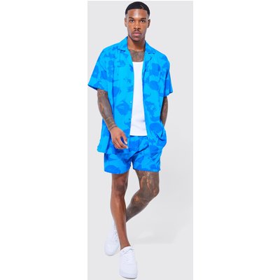 Mens Blue Short Sleeve Oversized Viscose Face Shirt And Short, Blue