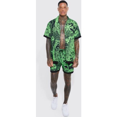 Mens Green Oversized Viscose Moon Line Drawing Shirt And Short, Green