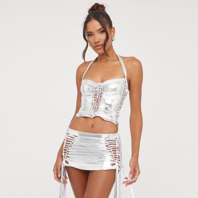 Halterneck Ladder Detail Crop Top In Silver Metallic, Women's Size UK Medium M