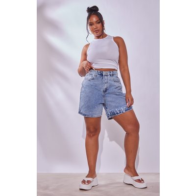 Plus Light Blue Wash Distressed Longline Denim Shorts