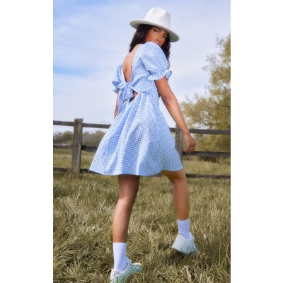 Blue Check Twist Bust Cut Out Shift Dress