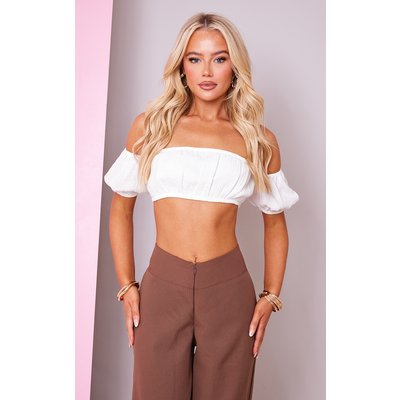 Cream Cotton Shirred Puff Sleeve Crop Top