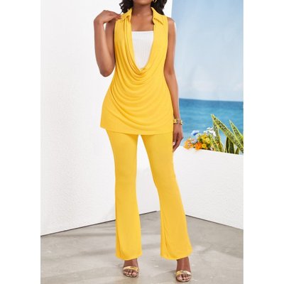 Patchwork Yellow Draped Neck Sleeveless Top and Pants