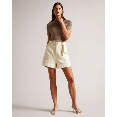 Ted Baker Women's High Waisted Belted Shorts in White, Indigow, Cotton