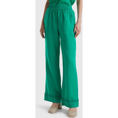 Benetton, Trousers In Pure Linen With Crochet Details, size L, Green, Women