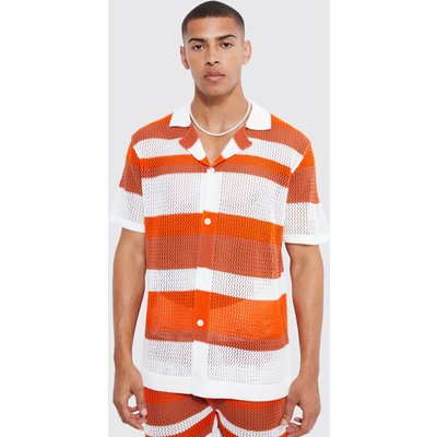 Men's Oversized Striped Crochet Shirt - Orange - Xl, Orange