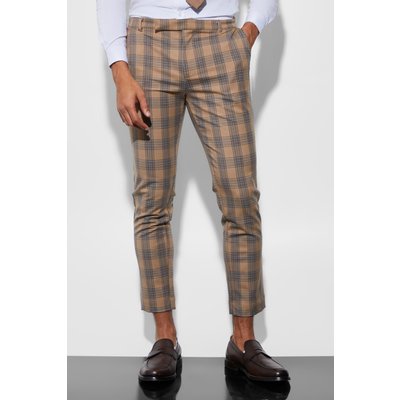 Mens Beige Skinny Crop Check Suit Trousers, Beige