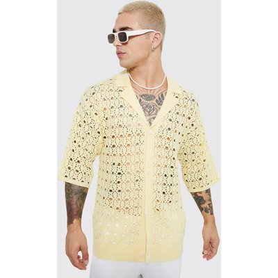 Mens Yellow Knitted Dropped Revere Hole Detail Shirt, Yellow