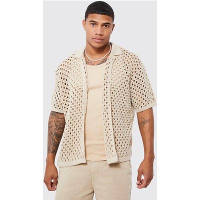 Mens Beige Oversized Boxy Fit Crochet Shirt, Beige