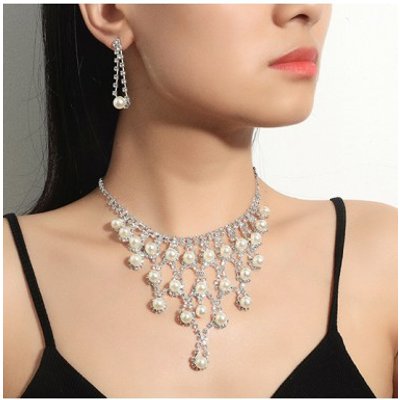 Pearl Silver Rhinestone Necklace and Earrings