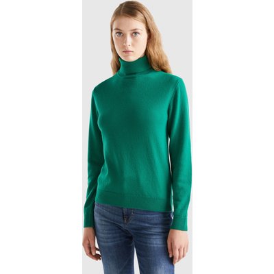 Benetton, Forest Green Turtleneck In Pure Merino Wool, size XL, Green, Women