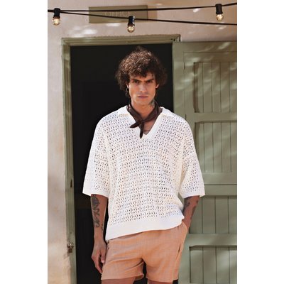 Mens Cream Knitted Drop Shoulder Oversized Open Polo, Cream