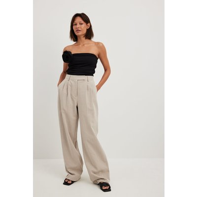 NA-KD Pleated High Waist Linen Blend Pants - Beige