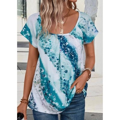 Ruched Multi Color Square Neck Ombre T Shirt