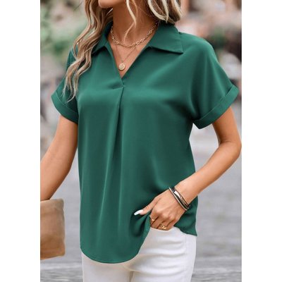 Short Sleeve Green Shirt Collar Blouse