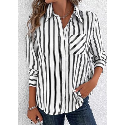 Pocket Striped White Shirt Collar Long Sleeve Blouse