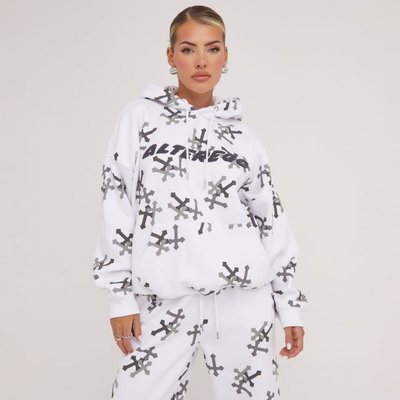 Long Sleeve 'Alter Ego' Slogan Print Crucifix Detail Oversized Hoodie In White, Women's Size UK 10