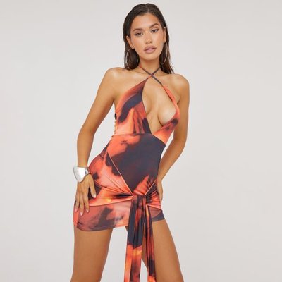 Plunge Cross Front Drape Detail Mini Bodycon Dress In Orange Abstract Print, Women's Size UK 6