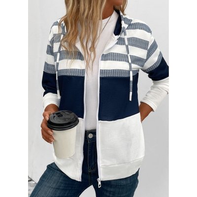 Striped Pocket Navy Long Sleeve Hooded Coat