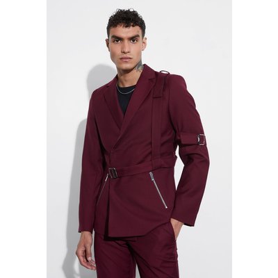 Mens Red Skinny Fit Suit Blazer With Strap Detail, Red