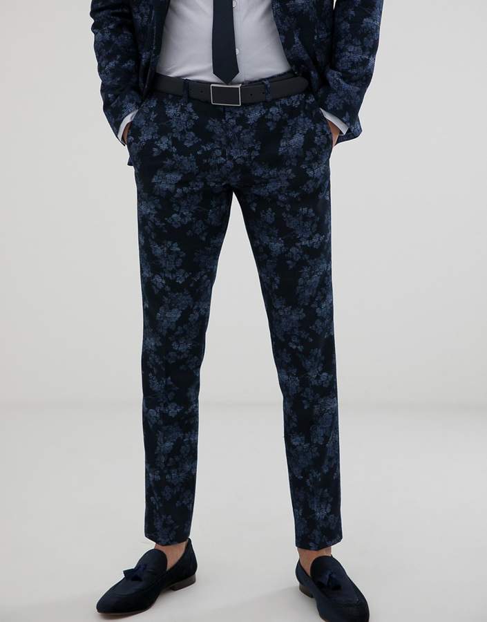 Moss Bros Moss London slim fit suit pants with floral print in navy