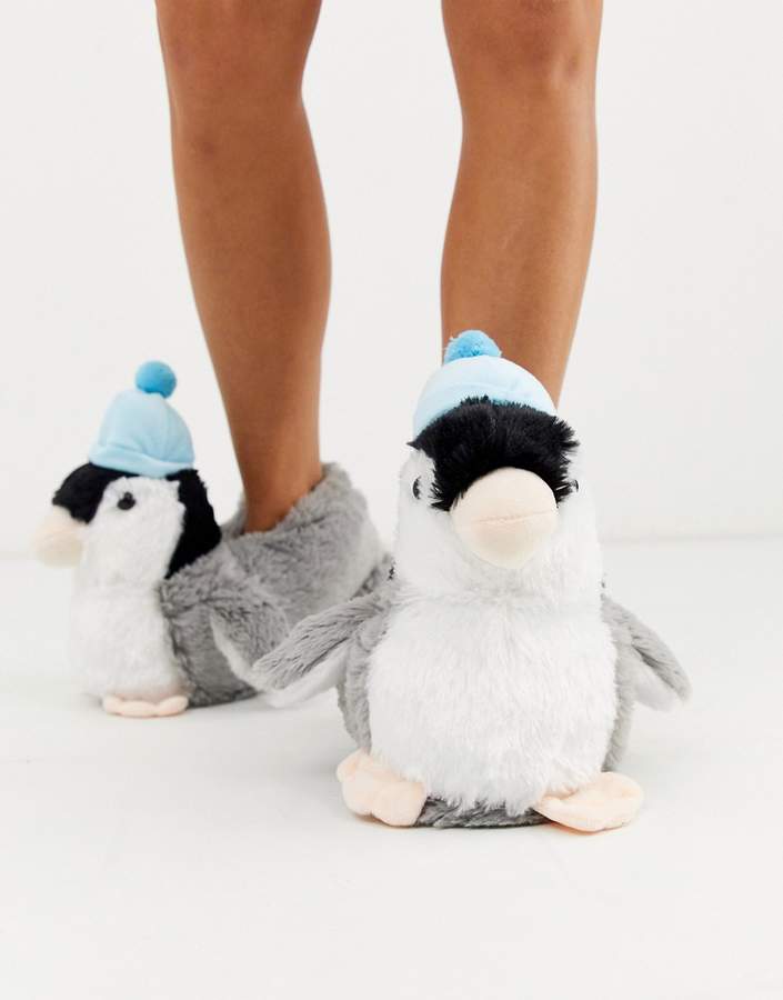 Loungeable Penguin in bobble hat slippers in gray