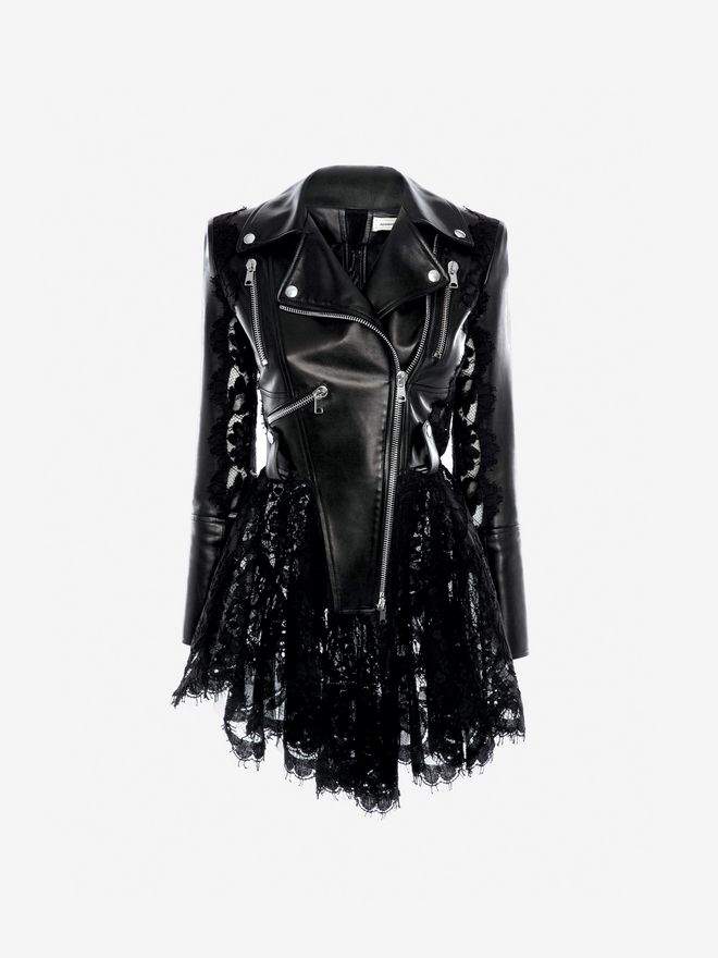 Alexander Mcqueen Leather and Lace Peplum Biker Jacket