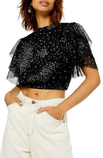 Topshop Glitter Floral Ruffle Crop Blouse