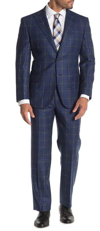 English Laundry Navy Plaid Two-Button Peak Lapel Wool Slim Fit 2-Piece Suit