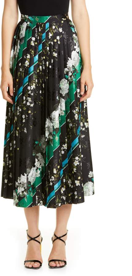 Erdem Floral Stripe Pleated Midi Skirt