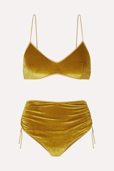 Oséree Oseree - Ruched Stretch-velvet Bikini - Gold