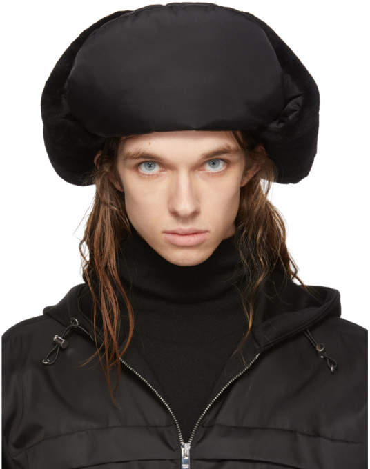 Prada Black Shearling Trapper Hat