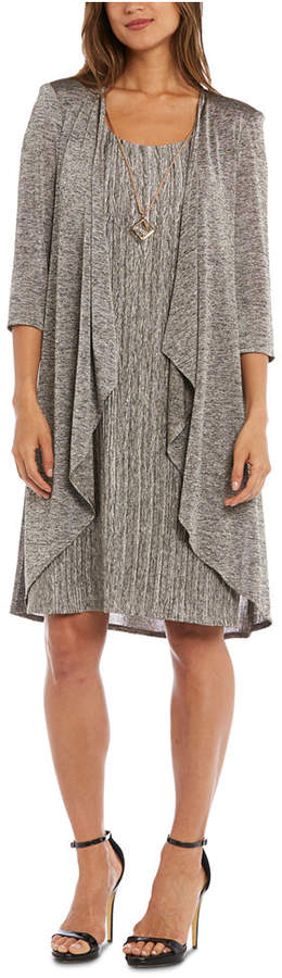 R & M Richards Petite Pleated Metallic Dress, Jacket & Necklace