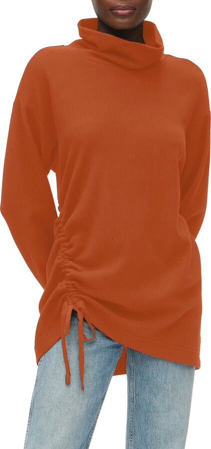 Donna Rib Ruched Cowl Neck Cotton Tunic Sweater