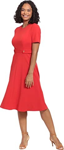 London Times Women's Petite Short Sleeve Crepe Fit and Flare Midi with Waist Button Detail