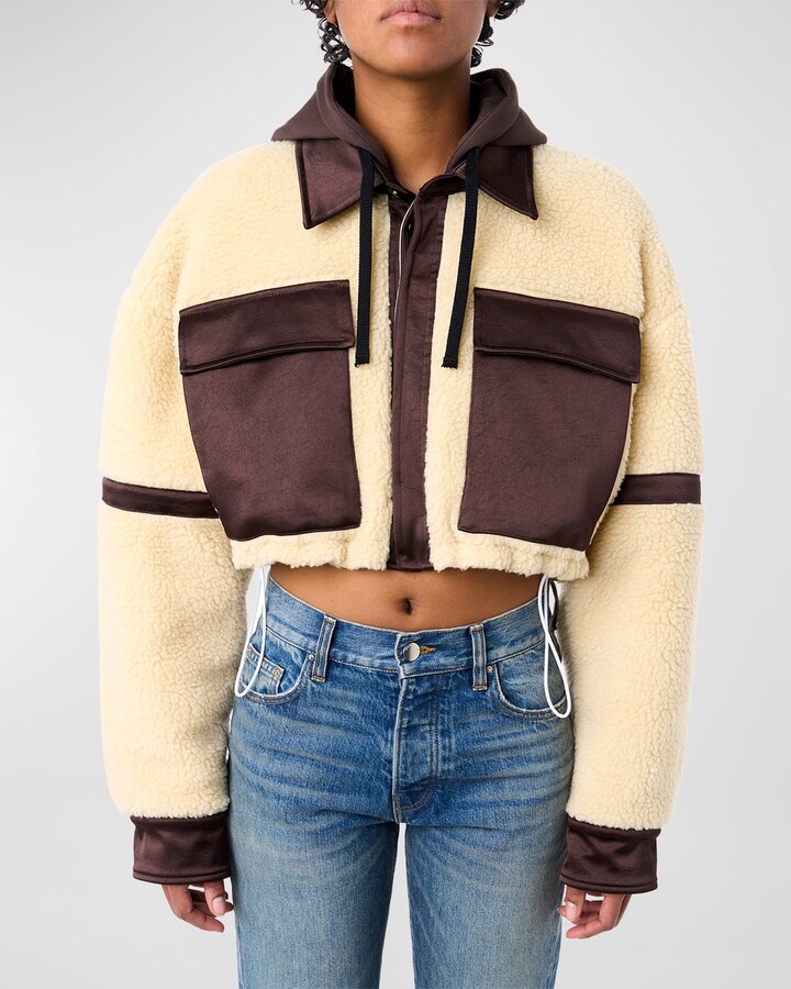 Mixed-Media Faux Fur Crop Track Jacket