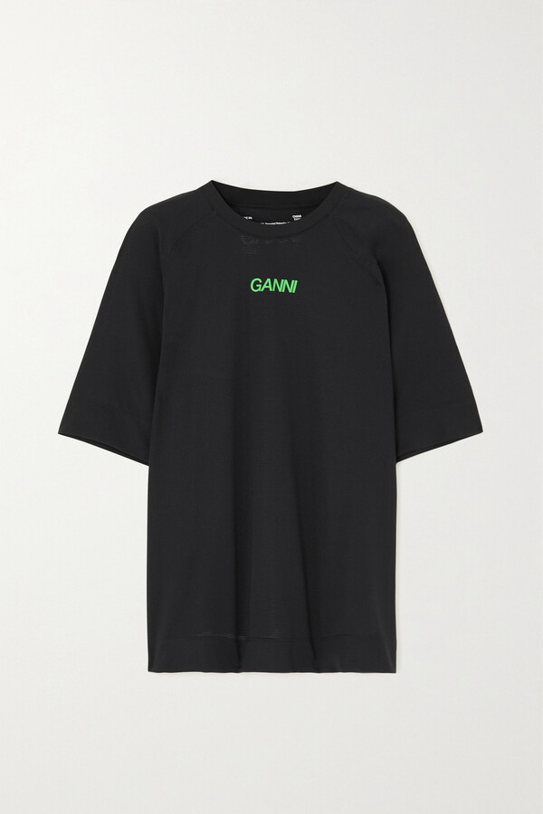 GANNI - Printed Stretch Recycled-mesh T-shirt - Black