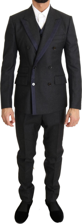 Gray Wool Blue Silk Double Breasted Men's Suit