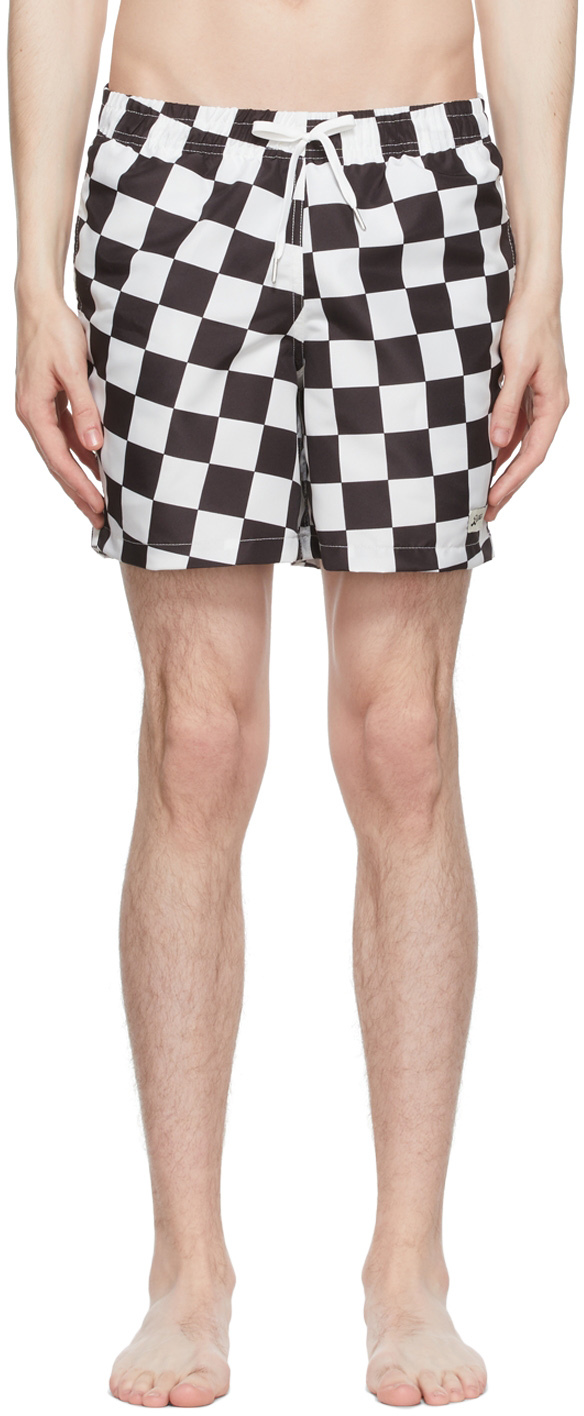 Bather Black & Off-White Polyester Check Swim Shorts