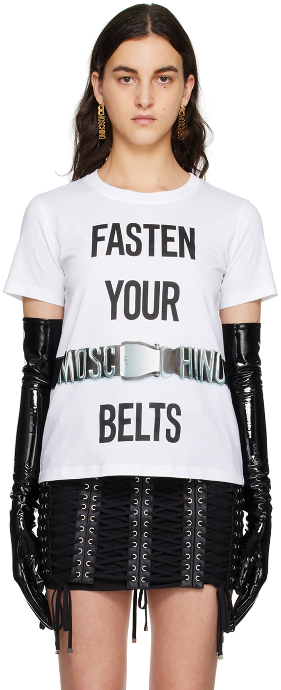 Moschino White 'Fasten Your Belts' T-Shirt