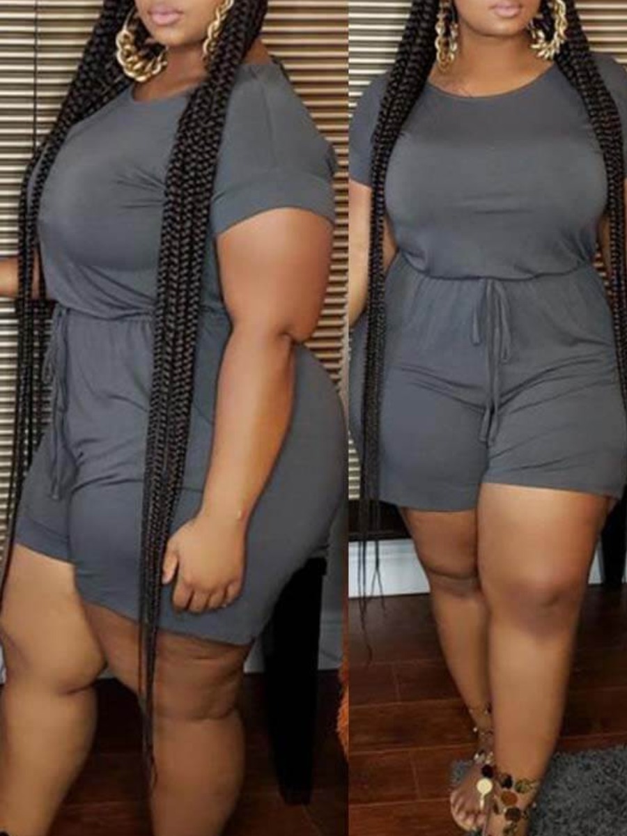 LW Plus Size Leisure O Neck Drawstring Grey One-piece Romper XL