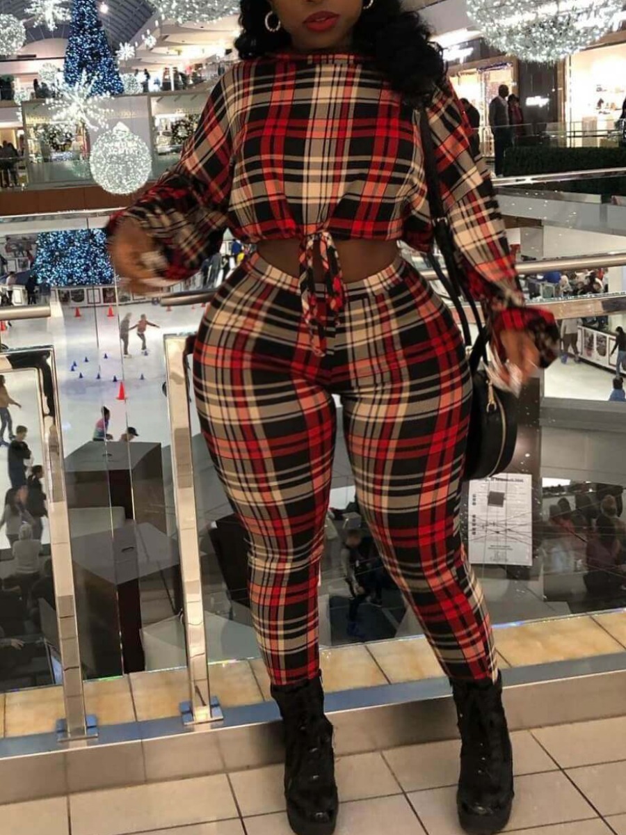 LW Plus Size Drawstring Plaid Crop Pants Set XXXXXL