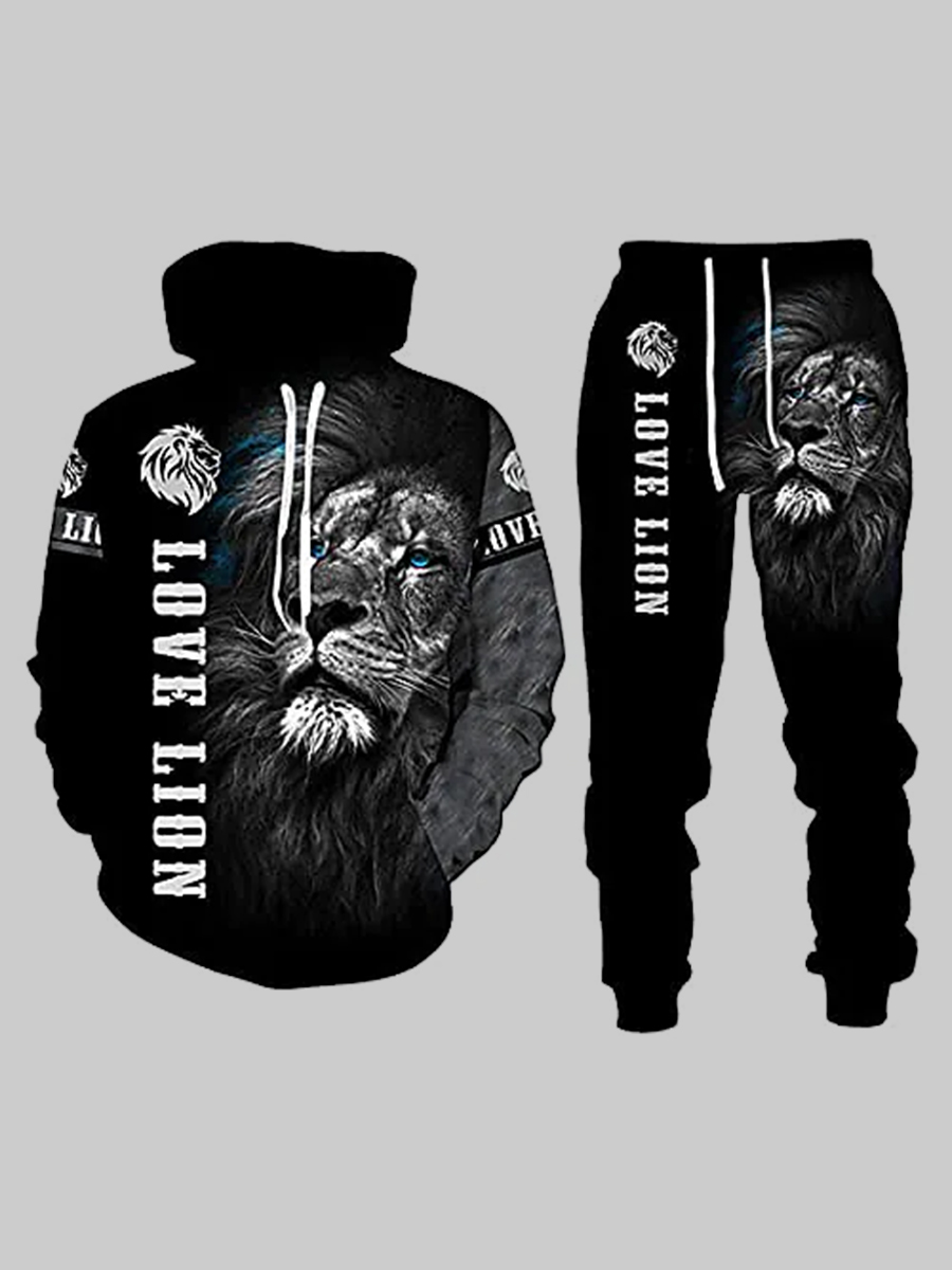 LW Men Lion Letter Print Kangaroo Pocket Tracksuit Set