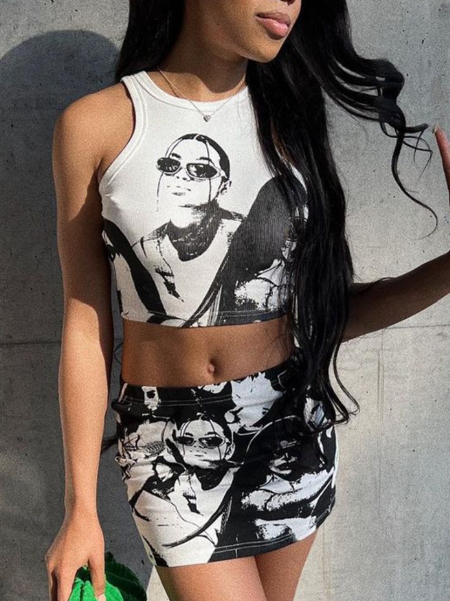 LW Crop Top Figure Print Skirt Set