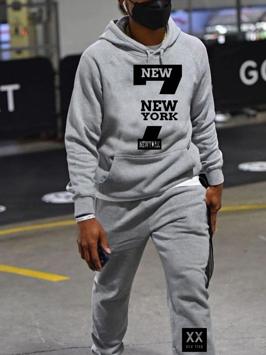 LW Men Letter Print Kangaroo Pocket Tracksuit Set